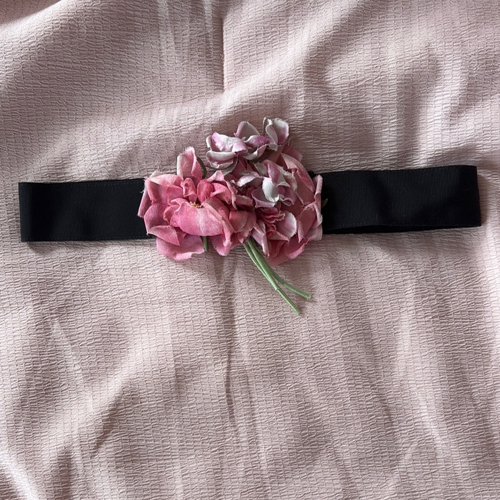 Elegant Black Belt with Pink Floral Accent